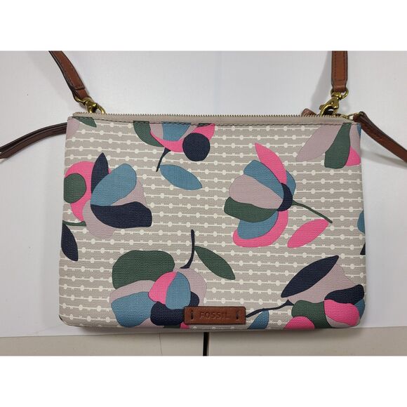 NEW Fossil Devon Floral Crossbody Bag Canvas Small Leather Trim Purse - Picture 3 of 7